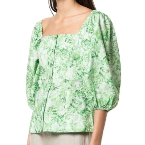 Ganni Green Floral Puff Sleeve Poplin Top - Picture 2 of 7